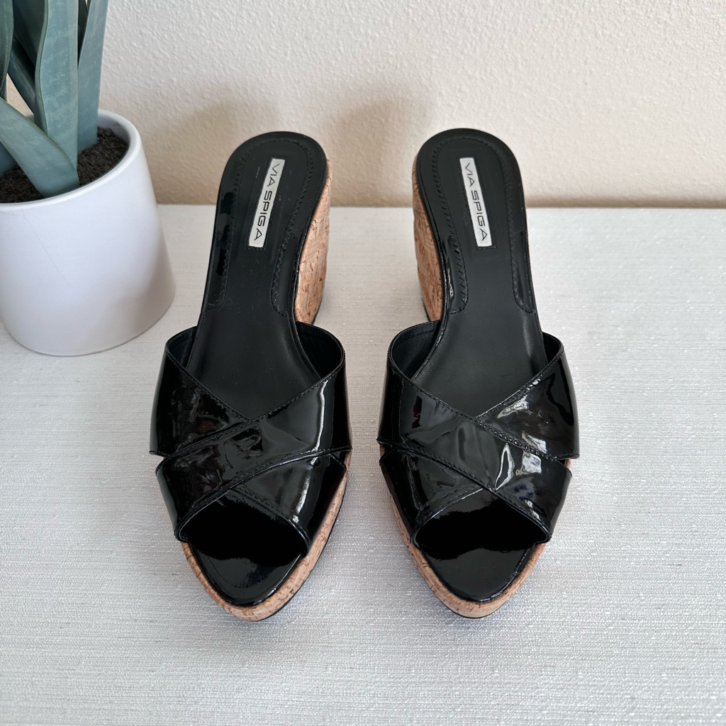 Via Spiga Black Leather Cross Strap Cork Wedge Slide Sandals Women’s 9m Brazil